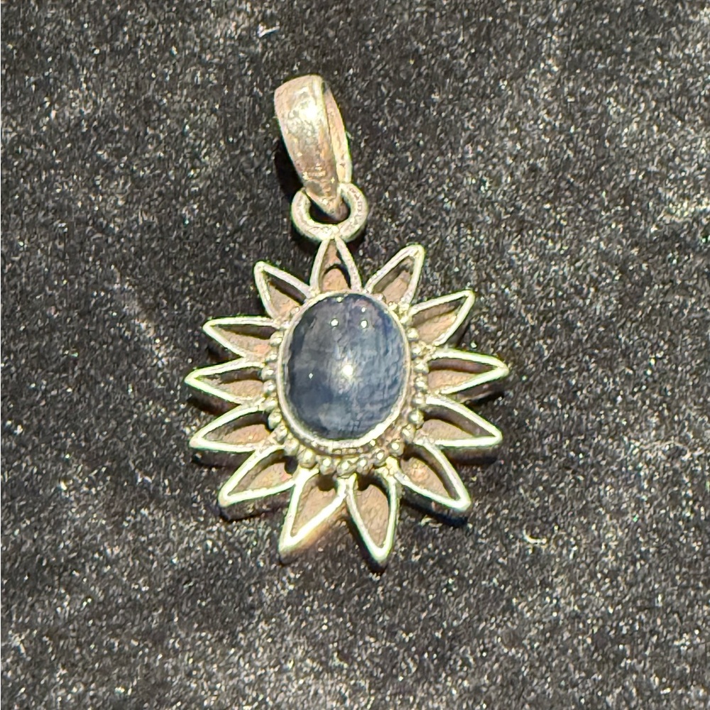 Silver Sunflower Pendant with Blue Stone